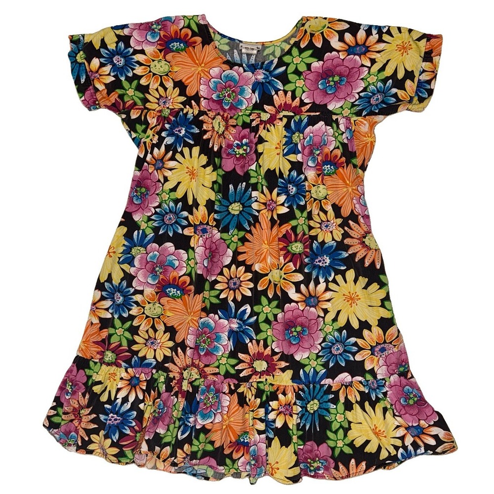 George & Martha Floral Muumuu Dress L Black Cotton Hippie Boho Ruffle Housedress